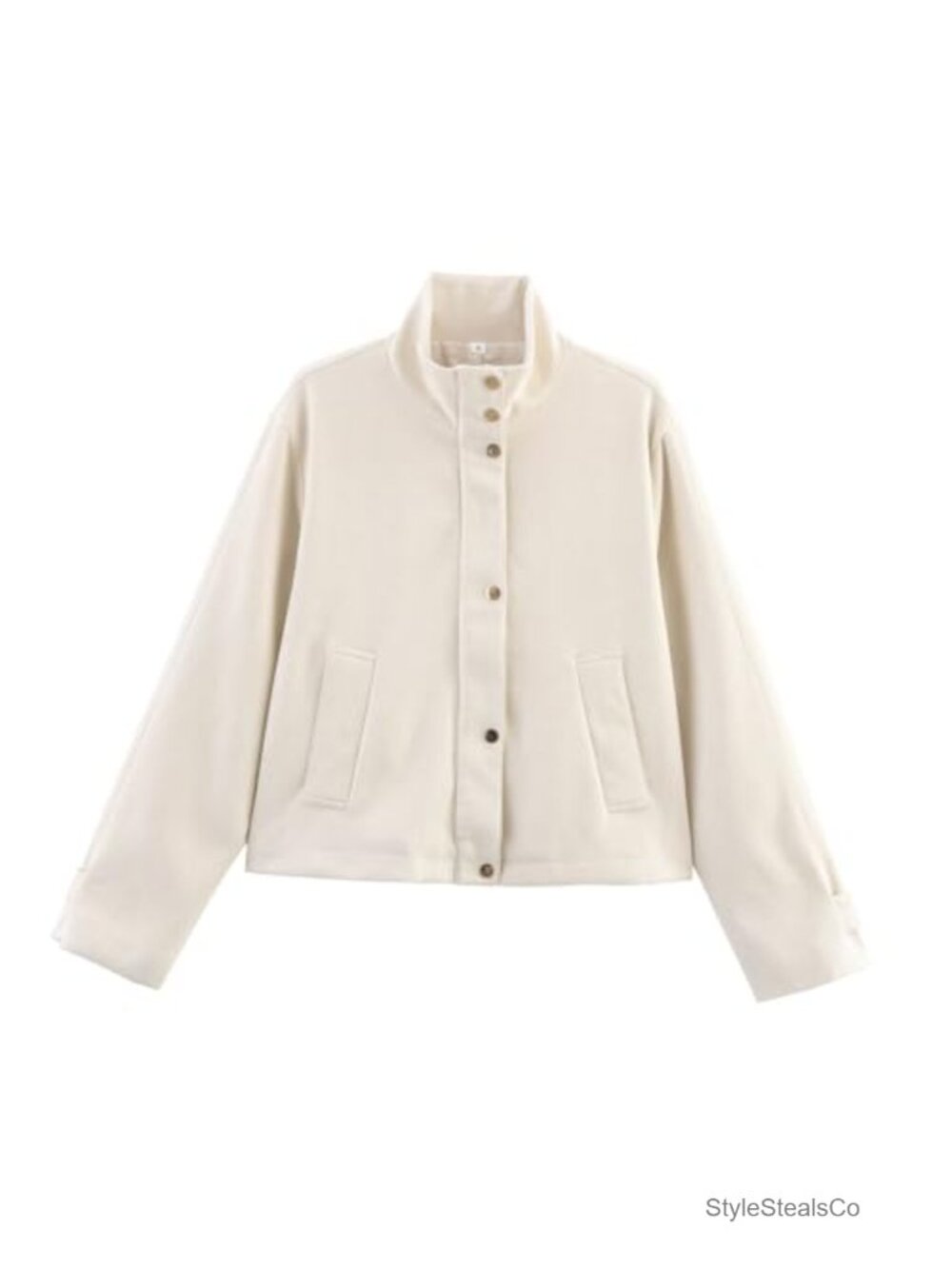 Faux Suede Cropped High Neck Utility Button Front Jacket Pockets